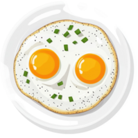 Two fried eggs with green onions on a plate. png