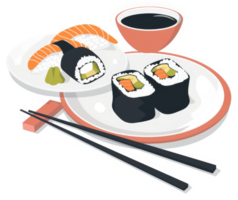 A plate of assorted sushi rolls with salmon, avocado, and soy sauce. png