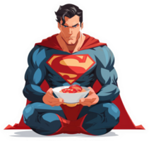 Superman seated in a meditative pose, enjoying a bowl of strawberries. png