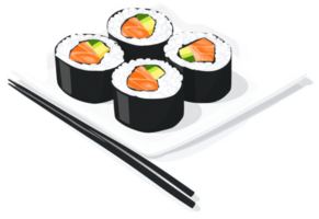 Four salmon avocado sushi rolls served on a plate with chopsticks. png