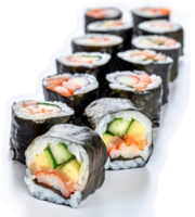 Assorted sushi rolls displayed on a white plate. png