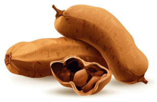 A close-up image of ripe tamarind pods. png