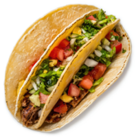 Two delicious tacos filled with seasoned beef, fresh toppings, and a flavorful blend of textures. png