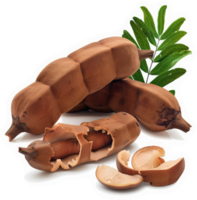 Close-up of whole and sliced tamarind pods with leaves. png