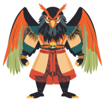 A stylized illustration of a mythical creature with owl-like features and feathered wings. png