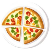 Four slices of diverse pizza on a white plate. png