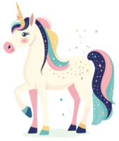 A whimsical illustration of a magical unicorn with colorful mane and tail. png
