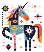 A whimsical, geometric unicorn adorned with abstract patterns and celestial elements. png