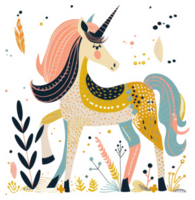 A whimsical illustration of a unicorn with intricate patterned details. png
