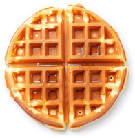 A golden brown, round waffle with a distinctive grid pattern, drizzled with syrup. png