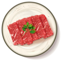 Raw beef slices arranged on a plate with parsley garnish. png