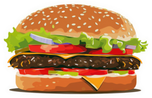 A delicious and colorful illustration of a juicy cheeseburger. png