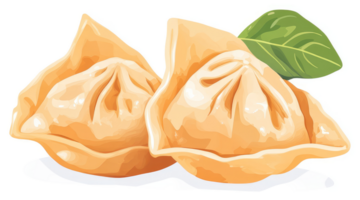 Two delicious pan-fried dumplings with a basil leaf garnish. png