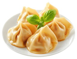 Steamed dumplings with fresh basil garnish on a plate. png