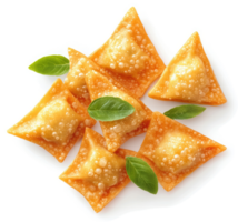Golden, crispy wonton dumplings with fresh basil garnish. png