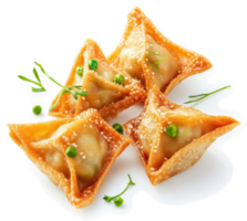 Crispy golden triangle dumplings with peas and sesame seeds. png