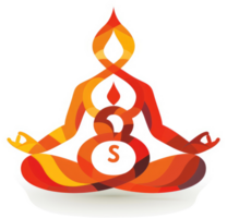 A stylized logo featuring a figure in a seated meditation pose, utilizing vibrant orange and red hues. png