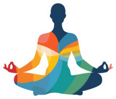 A vibrant illustration of a person in a meditative pose, adorned with colorful, layered shapes. png