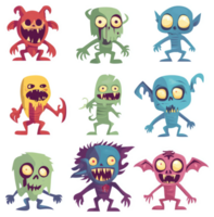 Nine colorful cartoon monsters with exaggerated features. png