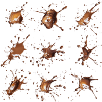 Chocolate liquid splashes create an abstract pattern against a dark background. png