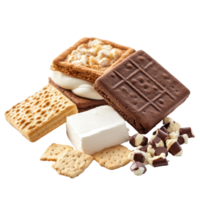 Assorted graham crackers, cookies, and s'mores confections. png