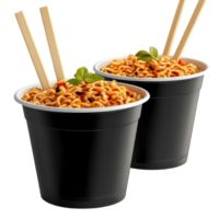 Two black plastic cups of instant noodles with chopsticks. png