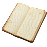 Aged, open notebook with lined pages, displaying vintage aesthetic. png