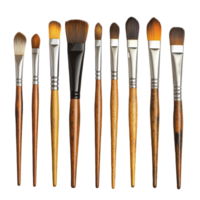 Various art brushes with wooden handles, displayed in an organized array. png