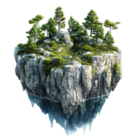 Isolated island floating over water, teeming with trees and rocks. png
