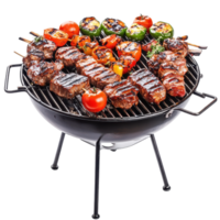 Grilled skewers of meat and vegetables on a portable barbecue. png
