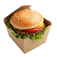 A tasty, ready-to-eat cheeseburger in a cardboard box. png