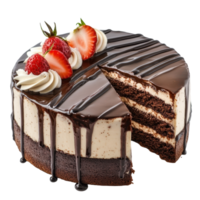 Chocolate cake with whipped cream and strawberries. png