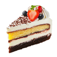 Delicious slice of layered cake with creamy frosting and fresh fruit. png