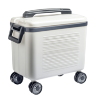 Portable white cooler with wheels for transporting food and drinks. png