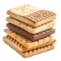 Stack of assorted, patterned biscuits. png