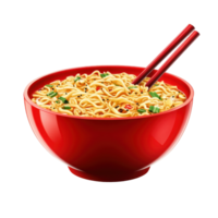 Spicy instant noodles in a red bowl, ready to eat. png