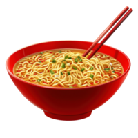 Spicy instant noodles in a red bowl with chopsticks. png