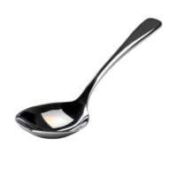 Polished metallic spoon with a curved handle. png