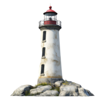 A weathered lighthouse stands tall on rocky coast. png