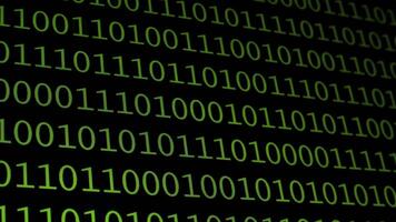 Visual display of green binary code cascading against a black background, creating an abstract digital atmosphere that evokes technology and data processing. video