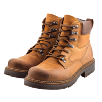 Pair of tan leather work boots with durable soles. png