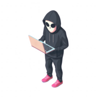 uma encapuzado figura com uma mascarar, acionado dentro codificação ou hacking em uma computador portátil, em pé dentro uma focado posição, isolado em uma branco fundo. png