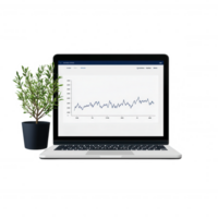 A laptop displaying data analytics with a growth chart, complemented by a potted plant, symbolizing the fusion of technology and nature in a modern workspace. png