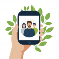 A hand holding a smartphone displaying a group photo, surrounded by green leaves. This symbolizes connection and community in a modern digital world. png