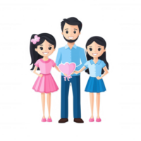 A happy family consisting of a father and two daughters, smiling and holding a heart-shaped symbol, depicted in a colorful, cartoonish style. png