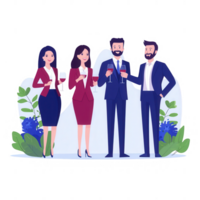 A group of four professionals enjoying a social gathering, holding drinks with smiles, surrounded by greenery. Perfect for business and networking themes. png