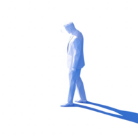 A low-poly illustration of a man walking alone, captured in a minimalist style with a blue shadow on a transparent background, symbolizing solitude and contemplation. png