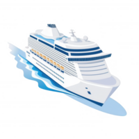 A luxurious cruise ship sailing through calm waters, showcasing its elegant design and large windows against a white isolated background. png