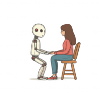 A humanoid robot and a woman sitting face-to-face, engaging in a conversation. The robot's hands are gently placed in the woman's hands, symbolizing connection and interaction. png