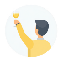 A man in a yellow sweater raises a glass in celebration, showcasing a toast. The background is clean and minimal, emphasizing the joyful moment and festive atmosphere. png
